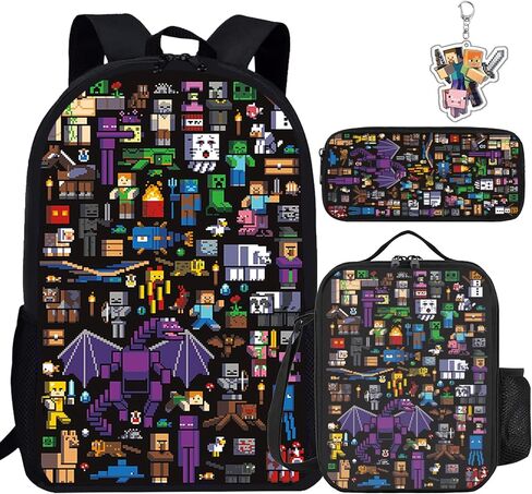 3-Piece Backpack Set for Students - Includes Backpack, Lunch Bag, Pencil Case, and Bonus Keychain - 600D Oxford Fabric, Unisex, Ideal for School in Saudi Arabia