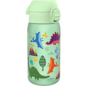 Ion8 Kids Water Bottle, Steel 400 ml/13 oz, Leak Proof, Easy to Open, Secure Lock, Dishwasher Safe, Flip Cover, Carry Handle, Easy Clean, Durable, Scratch Resistant, Raised Print, Dinosaurs Design