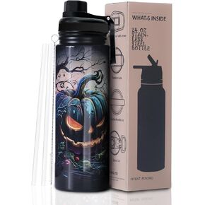 Halloween Water Bottle with Spooky Pumpkin Grimace - 24 oz Insulated Cups with Straws and 4 Lids,Halloween Tumbler Gifts for Friends Kids