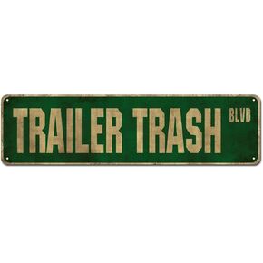 Trailer Trash BLVD Tin Sign, Porch Decor for Home, Bar, Farmhouse, 4x16 Inches Vintage Aluminum Metal Wall Sign