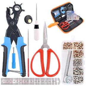 Swpeet 8Pcs Leather Hole Punch Plier with Grommet Eyelets Kit, Professional Puncher Including Punch Plier Screwdriver, Scissors, Rule, Awl Tool and Grinding Rod Multi Sized Puncher for Belts, Crafts