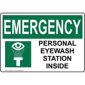 ComplianceSigns.com Emergency Personal Eyewash Station Inside OSHA Label Decal with Symbol, 5x3.5 in. 4-Pack Vinyl for Emergency Response
