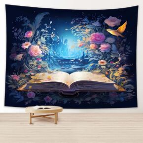 Fantasy Tapestry, Magic Book Tapestry, Reading Tapestry, Art Floral Book Tapestry for Bedroom Living Room Decorative Wall Hanging small (37 * 29)
