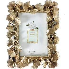 Vintage Photo Frame 4x6 Inch Ginkgo Biloba Golden Picture Frame for Desktop Display and Wall Mount Home Decor