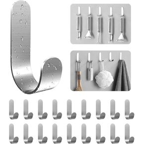 Adhesive Towel Hooks, 20 PCS Stainless Steel Self Adhesive Wall Hooks, Black Heavy Duty Shower Hook, Waterproof Oilproof Rustproof for Bathroom, Kitchen, Living Room