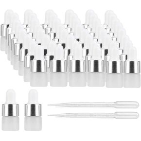 50Pcs Mini Translucent Frosted Glass Dropper Bottle Sample Vial Jar Empty Refillable Cosmetic Essential Oil Bottle Container with Glass Eye Dropper, 2pcs 3ml Transfer Dropper Pipette (1ml, Gold Cap)