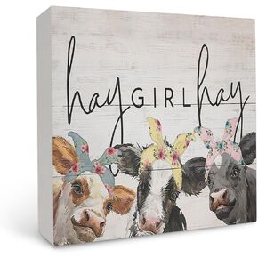 OFlich Farmhouse Hey Girl Hey Cow Wood Box Sign Desk Decor, Cow Decor, Rustic Wood Block Plaque Box Sign for Girls Room College Dorm Shelf Table Decor 5x5 Inch, Western Decor for Home