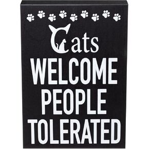 JennyGems Cat Owner Gifts, Cats Welcome People Tolerated Wooden Sign, Funny Cat Mom Gift, Made in USA