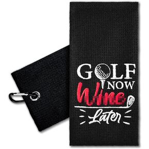 Golf Now Win Later Embroidered Golf Towel with Clip. Funny Golf Accessories Gifts for Men Women Golf Lover Mom Dad Uncle Grandpa Grandma, Birthday Retirement for Golf Fan