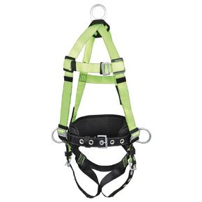 Peakworks Fall Protection Full Body Safety Harness with Positioning Belt, Padded Lumbar Support, Back & Side D-Rings, Grommet Leg Buckles, Hi Vis Green/Black, XXL, V8255215