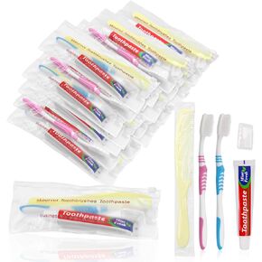فرش أسنان للاستعمال مرة واحدة مع معجون أسنان ملفوفة بشكل فردي، مجموعة سفر مع حقيبة بلاستيكية بسحاب، غطاء رأس فرشاة الأسنان، مجموعة أمشاط، فرشاة أسنان كبيرة للمشردين، السفر، المأوى، Air Bnb، الفندق، الضيوف (20) in Kuwait