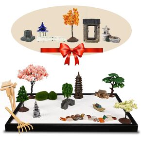 14" x 10" Large Japanese Zen Garden for Desk - Zen Garden Kit with 25+ Accessories - Sand Garden Decoration Included Sand Tray,Zen Garden Rake, Trees,Incense Burner,Door,Well,Bridge Zen Gifts Women