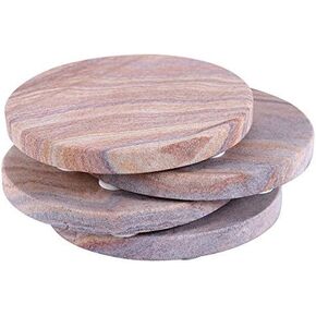 GoCraft Sandstone Absorbent Round Coasters | Natural Yellow Sandstone Coasters for Drinks, Beverages & Wine/Bar Glasses (Set of 4)