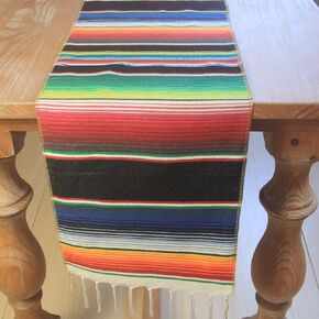 Mexican Serape Table Runner for Theme Party, Cinco de Mayo Fiesta Day of Death Decorations, Falsa Classic Striped Fringe Pattern Cotton Blanket, Black,14x84 inches, 14inchx84inch (T2-84-BLK-1)