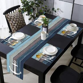 Wooden Anchor Table Runner and Place Mats Set of 6 Blue and Grey Wooden Linen Dining Mat Sets Washable Tabletop for Home Table Decorations 70 Inches Long