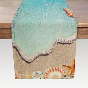 Summer Table Runners Tropical Ocean Beach Sea Starfish Shell and Seahorse Linen Table Runner for Family Dinner/Wedding/Outdoor Indoor Party Holiday Kitchen Dining Table Decoration 13 x 72 Inch