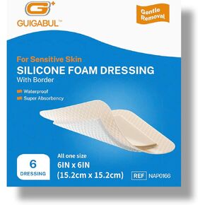 Silicone Adhesive Foam Dressing with Gentle Border 6''x 6'' - Super Absorbency 5 Layer Foam Pad 4.2''x 4.2'' for Bed Sore Foot Diabetic Ulcer - 6 Counts Extra Large Waterproof Bandages by G+ GUIGABUL