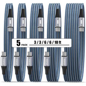 USB C to USB C Cable 10ft 6ft 3ft 5 Packs Fast Charger Cord Type C to Type C Cable Blue Braided 60W Usbc to Usbc Cable for Samsung S24/23/22 Phone 15 Pro Plus Max