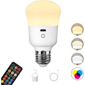 Rechargeable Light Bulb, with Remote Control, 50W Equivalent, Battery Operated LED Bulbs, Backup Emergency Light for Home or Outdoor, 3 Color Temperature, Dim & RGB, Timer, E26 Base, 2 Pack