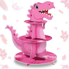 3 Tier Dinosaur Cupcake Stand Party Decorations Dinosaur Theme Cupcake Holder Decorations Dinosaur Dessert Tower for Kids Boys Jungle Dinosaur Theme Party Birthday Supplies (Pink)