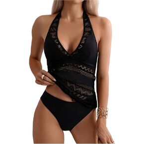 GORGLITTER Women's Crochet Halter Ruffle Tankini High Waisted Thong Swimsuits Sexy Lace Summer Bathing Suit