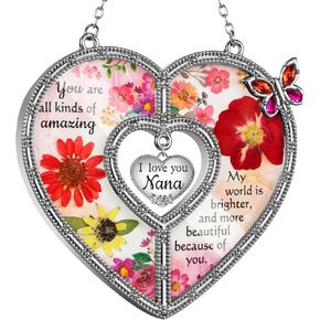 Heart Shaped Butterfly Suncatcher with Pressed Flower for Mom Glass Wind Chime Ornament Charm Grandma Birthday Christmas (Blue, Nana)
