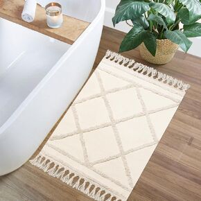 Boho Bathroom Rug, 2' x 3' Moroccan Tufted Small Rug for Kitchen with Tassels Farmhouse Cotton Woven Washable Area Rug Entryway Mat for Bathroom Bedroom Laundry Living Room Beige in Saudi Arabia