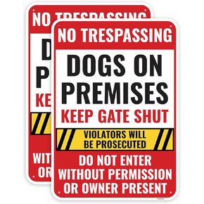 2PC Dogs On Premises Sign, 10 x 7 Inches - Aluminum - Beware Of Dogs Signs For Fence Warning Guard Dog Present On Duty Security
