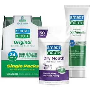SmartMouth Package with Original Activated Mouthwash - 16 Fl Oz, Fresh Mint & Dry Mouth Dual-Action Mints - 50 Count, Mellow Mint & Premium Zinc Ion Toothpaste - 6 oz, Mild Mint