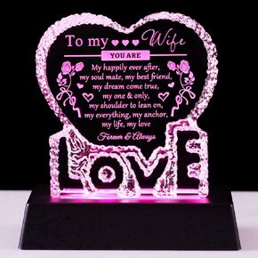 YWHL Gifts for Wife from Husband, Birthday Gifts for Wife, Heart-shaped Crystal Keepsake with Colorful Led Base, Romantic I Love You Gifts for Wife, Valentine's Day Wedding Anniversary Present Ideas