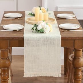 Boho Table Runner with Fringe 12x36 Inch Farmhouse Rustic Table Runner Off White Table Runner for Dining Party Wedding Decoration(One Piece)