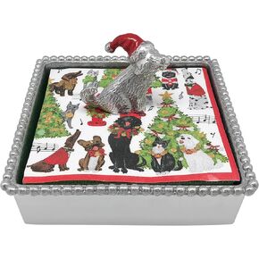MARIPOSA SITTING LAB WITH RED HAT BEADED NAPKIN BOX SET | SILVER | BRILLANTE | GIFTS | NAPKIN BOX & WEIGHT SET | RECYCLED SANDCAST ALUMINUM | HANDMADE IN MEXICO