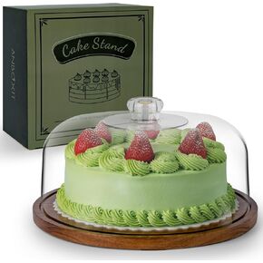 Cake Stand with Dome Lid, Acacia Wood Cake Plate with Cover, Wooden Cake Display Stand with Acrylic Dome - Flat