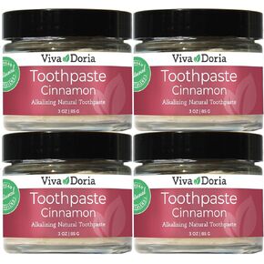 Pack of 4 Viva Doria Natural Toothpaste Fluoride Free Tooth paste - Cinnamon, Refreshes Mouth, Freshens Breath, Keeps Teeth and Gum Healthy, Cinnamon Flavor, 3 oz Glass jar