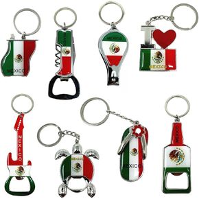 8 Pack of Mexico Keychain Souvenir, Charms, 4 Bottle Opener, Nail Clipper, Cork Screw, Mexican Flag, Mexico Keychains Gift Bundle, Bulk Mexico Souvenirs Set