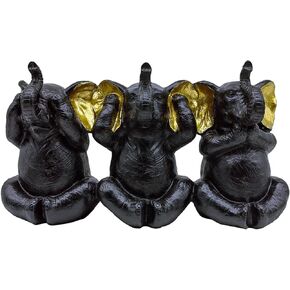 Hear-No See-No Speak-No Evil Elephants - Conjoined 3-PCS Resin Intelligent Elephants Statues Home Decor Office Figurine Resin Sculpture (Black)