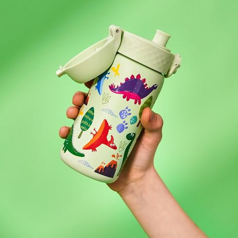 Ion8 Kids Water Bottle, Steel 400 ml/13 oz, Leak Proof, Easy to Open, Secure Lock, Dishwasher Safe, Flip Cover, Carry Handle, Easy Clean, Durable, Scratch Resistant, Raised Print, Dinosaurs Design in Saudi Arabia