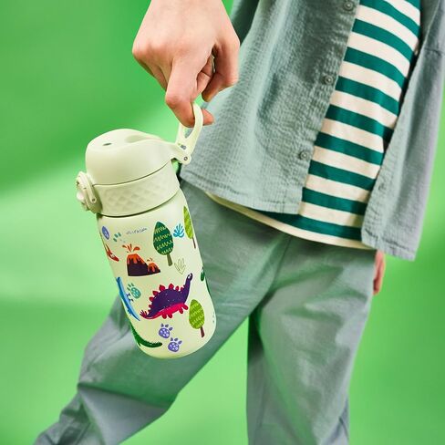 Ion8 Kids Water Bottle, Steel 400 ml/13 oz, Leak Proof, Easy to Open, Secure Lock, Dishwasher Safe, Flip Cover, Carry Handle, Easy Clean, Durable, Scratch Resistant, Raised Print, Dinosaurs Design in Saudi Arabia