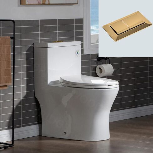 WOODBRIDGEE Modern Elongated One piece Toilet Dual flush 1.0/1.6 GPF,with Soft Closing Seat,1000 Gram MaP Flushing Score Toilet with Brushed Gold Button B0750-BG, White in Saudi Arabia