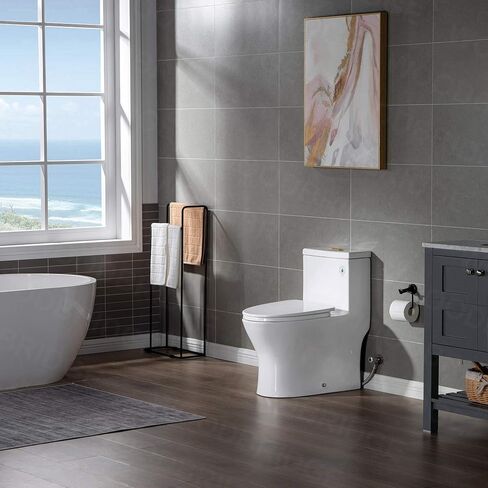 WOODBRIDGEE Modern Elongated One piece Toilet Dual flush 1.0/1.6 GPF,with Soft Closing Seat,1000 Gram MaP Flushing Score Toilet with Brushed Gold Button B0750-BG, White in Saudi Arabia