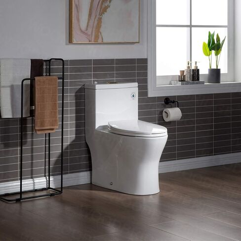WOODBRIDGEE Modern Elongated One piece Toilet Dual flush 1.0/1.6 GPF,with Soft Closing Seat,1000 Gram MaP Flushing Score Toilet with Brushed Gold Button B0750-BG, White in Saudi Arabia