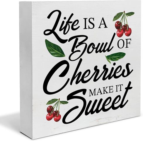 Farmhouse Country Cherry Wood Box Sign Art Desk Decor 5"x5" Life Is Just a Bowl of Cherries Wood Block Sign Decor for Home Kitchen Tabletop Shelf Wall in Saudi Arabia