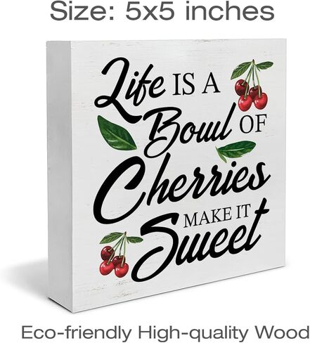 Farmhouse Country Cherry Wood Box Sign Art Desk Decor 5"x5" Life Is Just a Bowl of Cherries Wood Block Sign Decor for Home Kitchen Tabletop Shelf Wall in Saudi Arabia