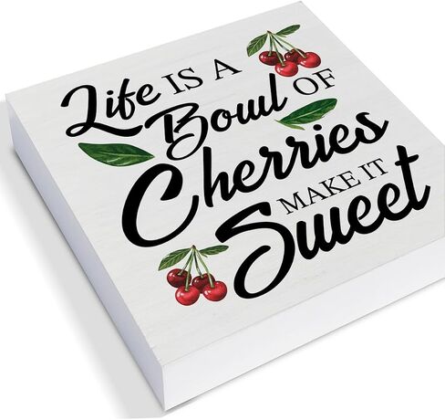 Farmhouse Country Cherry Wood Box Sign Art Desk Decor 5"x5" Life Is Just a Bowl of Cherries Wood Block Sign Decor for Home Kitchen Tabletop Shelf Wall in Saudi Arabia