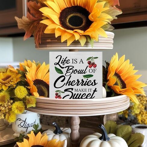 Farmhouse Country Cherry Wood Box Sign Art Desk Decor 5"x5" Life Is Just a Bowl of Cherries Wood Block Sign Decor for Home Kitchen Tabletop Shelf Wall in Saudi Arabia