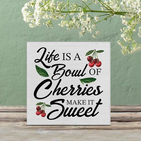 Farmhouse Country Cherry Wood Box Sign Art Desk Decor 5"x5" Life Is Just a Bowl of Cherries Wood Block Sign Decor for Home Kitchen Tabletop Shelf Wall in Saudi Arabia