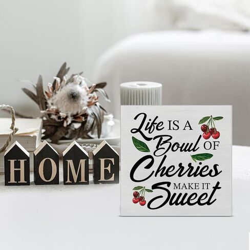 Farmhouse Country Cherry Wood Box Sign Art Desk Decor 5"x5" Life Is Just a Bowl of Cherries Wood Block Sign Decor for Home Kitchen Tabletop Shelf Wall in Saudi Arabia