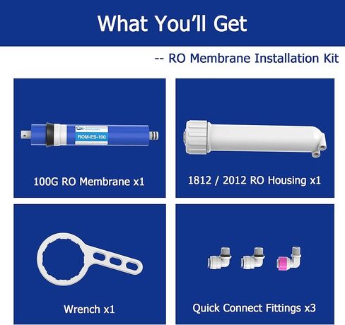 استبدال فلتر غشاء RO 100 GPD مع مبيت غشاء التناضح العكسي، مفتاح ربط، تركيب سريع 1/4 بوصة، صمام فحص، مناسب تحت الحوض نظام تنقية فلتر مياه الشرب المنزلي RO in Kuwait