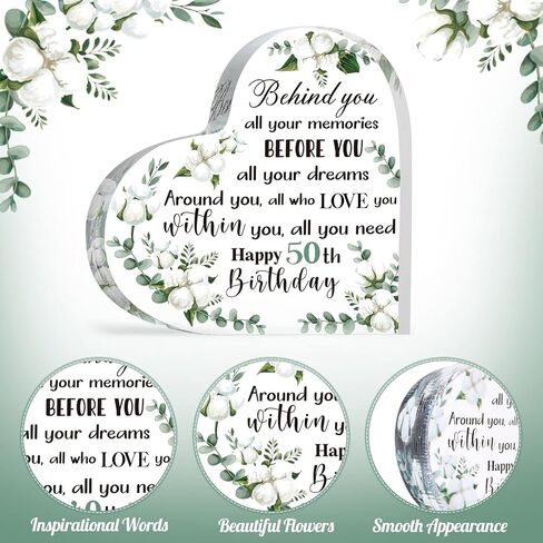 Birthday Gifts for Women, Behind You All Memories Before You All Your Dreams, Birthday Gifts for Women Wife Mom Friend, Flower Pattern Heart Acrylic Sign Keepsake (50th Style) in Saudi Arabia