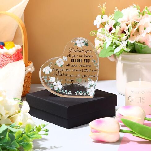 Birthday Gifts for Women, Behind You All Memories Before You All Your Dreams, Birthday Gifts for Women Wife Mom Friend, Flower Pattern Heart Acrylic Sign Keepsake (50th Style) in Saudi Arabia
